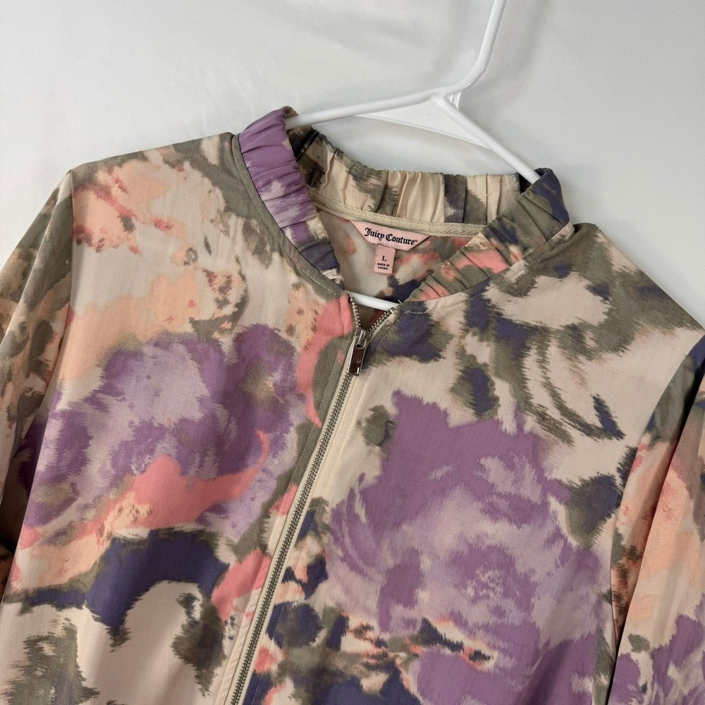 Juicy Couture Floral Lyocell Bomber Jacket Purple Pink Green Large Zip Front